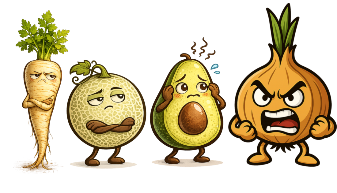 Meet the Produce Personalities from Hangry Onion including Hangry Onion, Moody Melon, Anxious Avocado, and Persnickety Parsnip