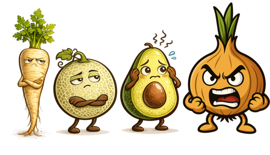 Meet the Produce Personalities from Hangry Onion including Hangry Onion, Moody Melon, Anxious Avocado, and Persnickety Parsnip